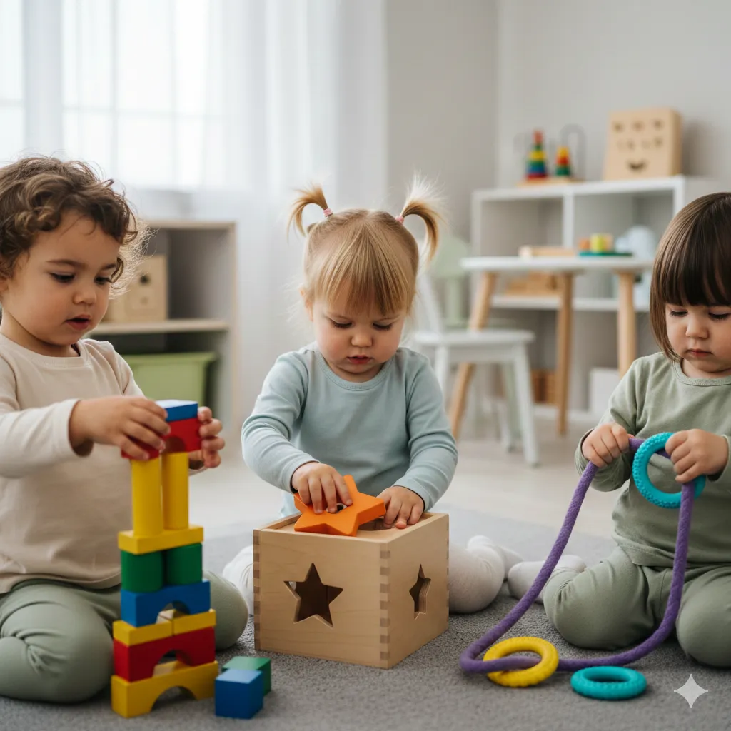 Dzieci w wieku 2–3 lat wykonujące proste aktywności manualne z wykorzystaniem klocków i pomocy dydaktycznych.