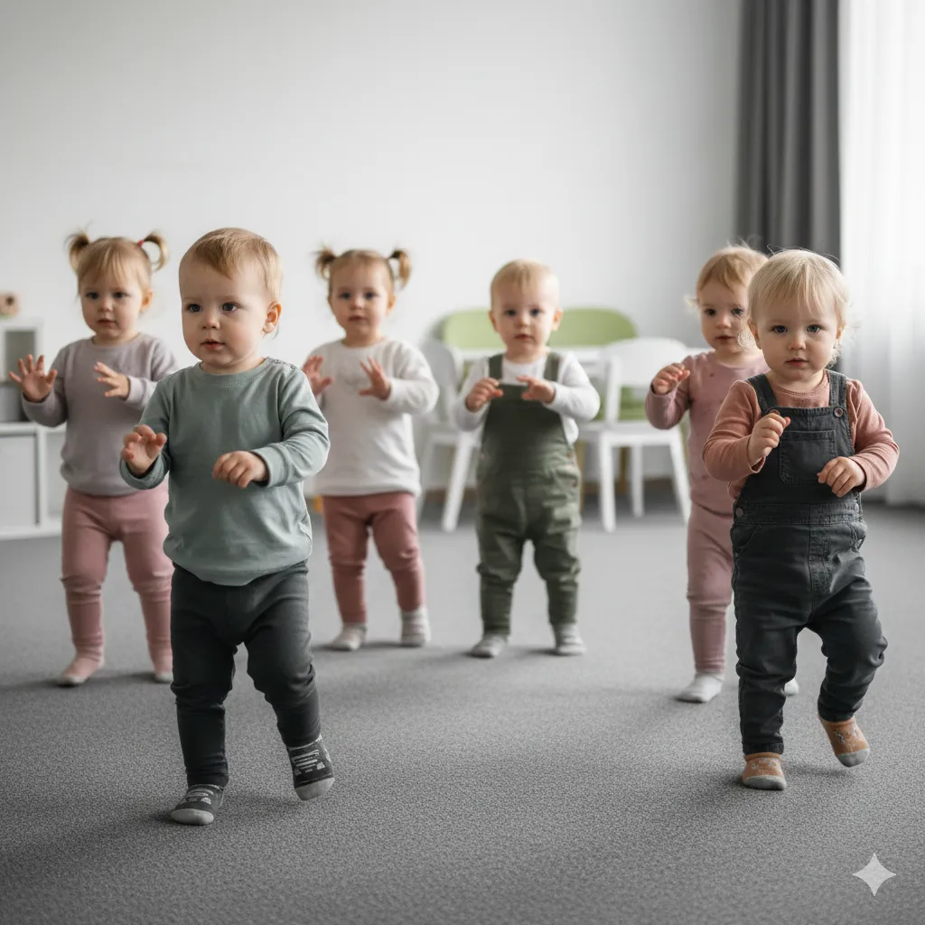 Dzieci w wieku 2–3 lat uczestniczące w zajęciach ruchowych z elementami rytmu i muzyki w sali żłobka.