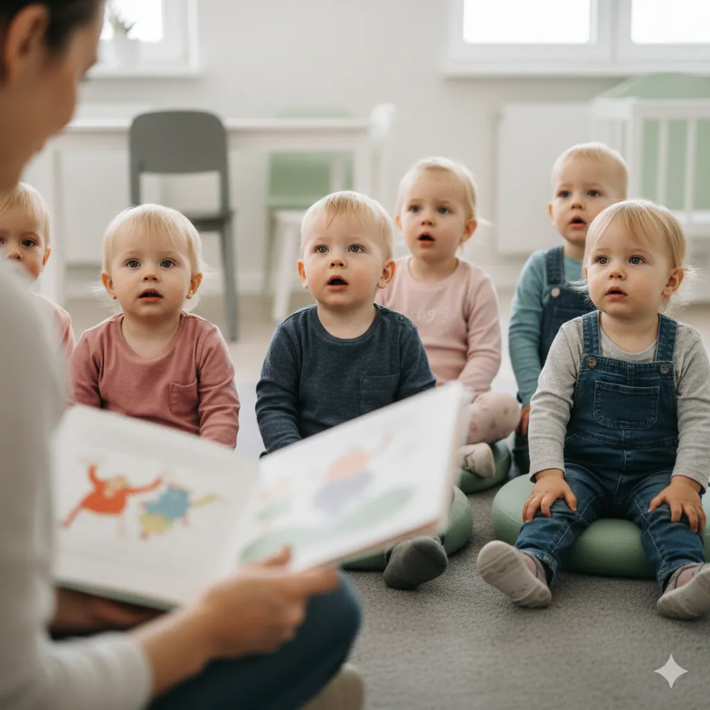 Dzieci w wieku 2–3 lat słuchające czytanej bajki w sali żłobka.