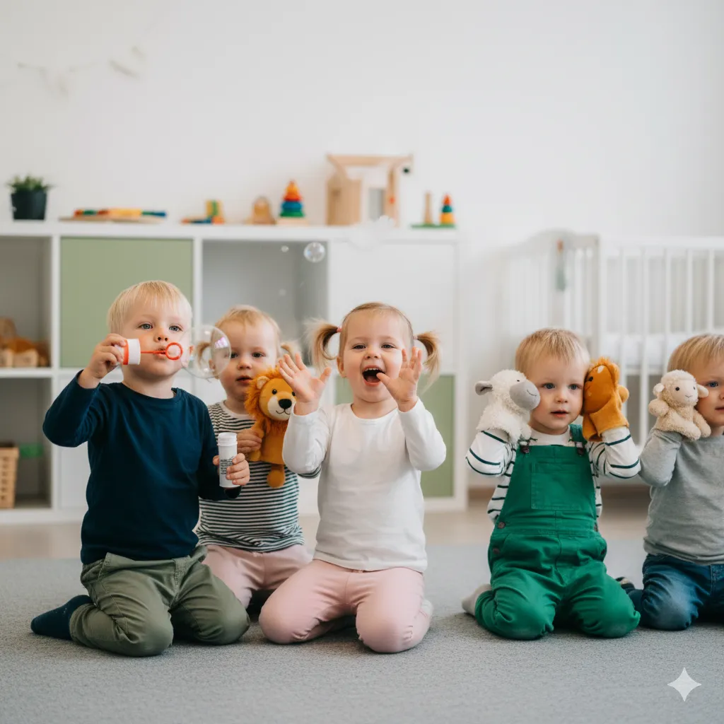 Dzieci w wieku 2–3 lat biorące udział w zabawach dźwiękonaśladowczych w sali żłobka.